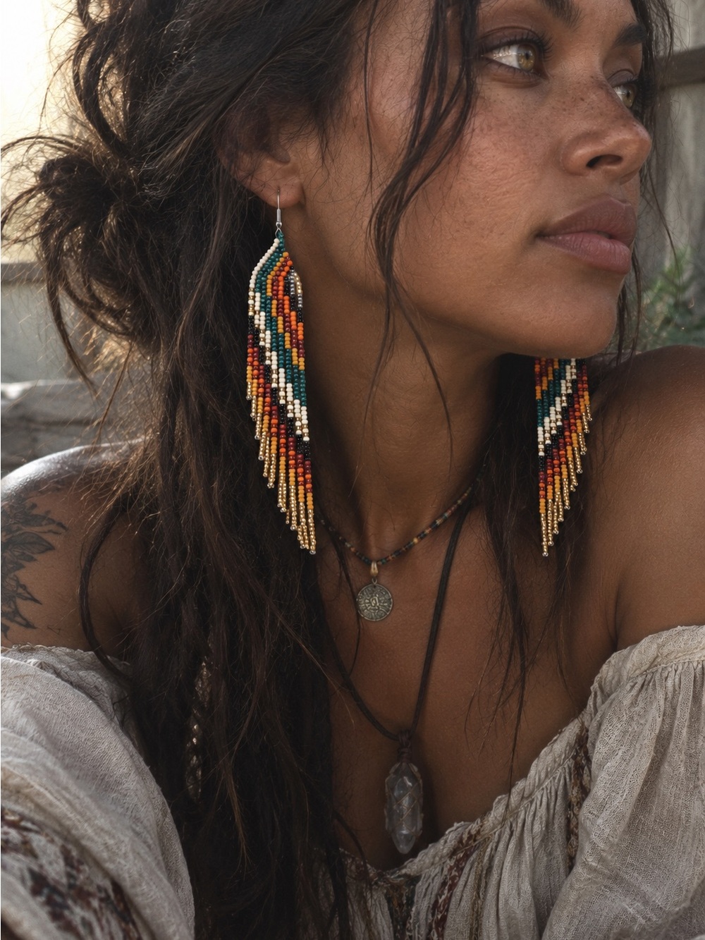 Boho Desert Sunset Multicolor Seed Bead Fringe Earrings
